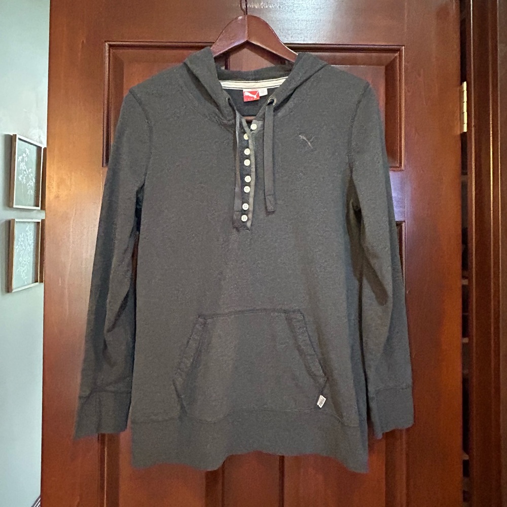 Puma Charcoal Gray Hooded Henley Pullover Hoodie Women Large